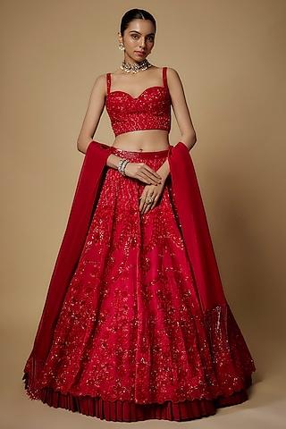 red raw silk cutdana & beads embroidered lehenga set