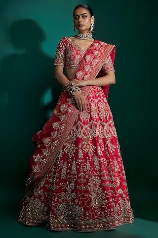 red raw silk cutdana hand & machine embroidered lehenga set