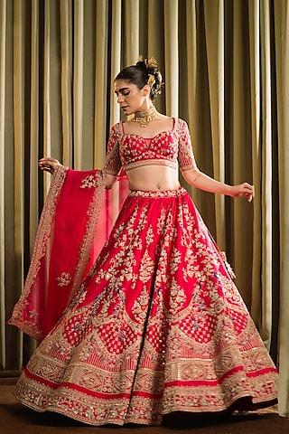 red raw silk dabka handwork lehenga set