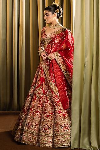 red raw silk dabka work lehenga set