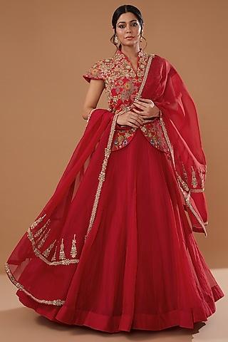 red raw silk embroidered jacket lehenga set