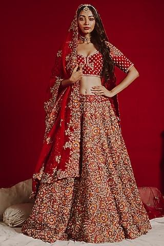 red raw silk embroidered lehenga set