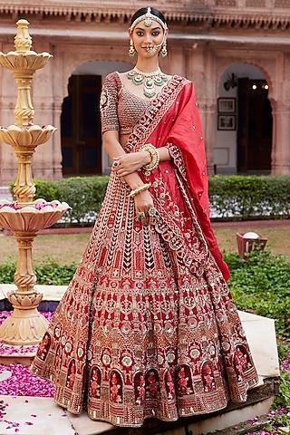 red raw silk embroidered lehenga set