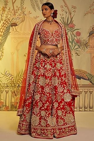 red raw silk embroidered lehenga set