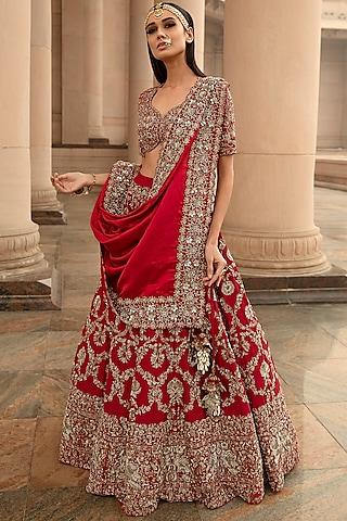 red raw silk embroidered lehenga set