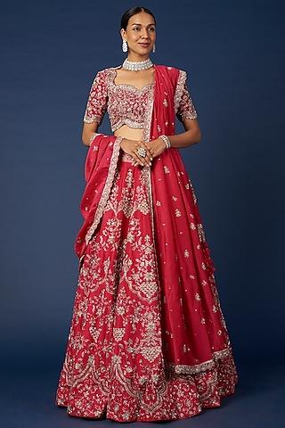 red raw silk embroidered lehenga set