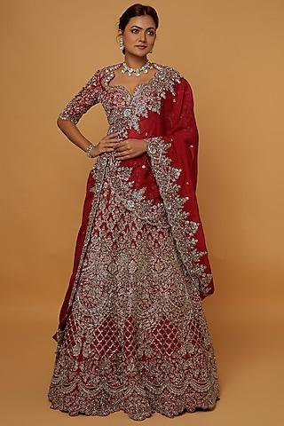 red raw silk embroidered lehenga set