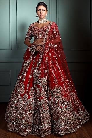 red raw silk embroidered lehenga set