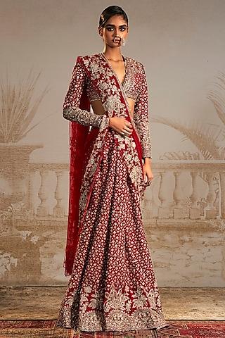 red raw silk embroidered skirt saree set