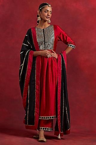 red raw silk gota work a-line kurta set