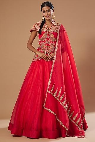 red raw silk jacket lehenga set