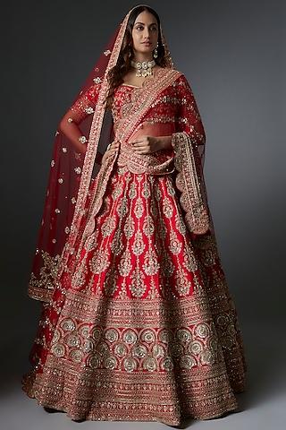 red raw silk machine & hand embroidered lehenga set