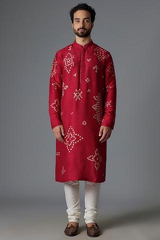 red raw silk shibori printed kurta set