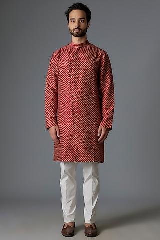 red raw silk shibori printed kurta set
