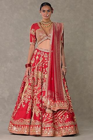 red raw silk thread & sitara embellished lehenga set