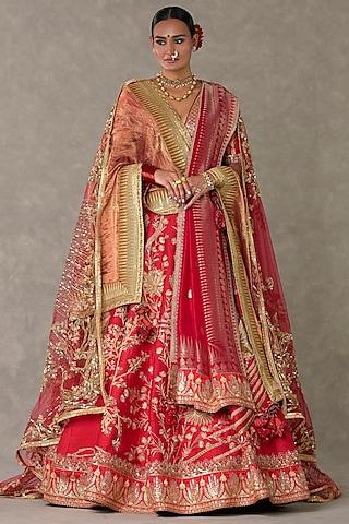 red raw silk thread & sitara embellished lehenga set