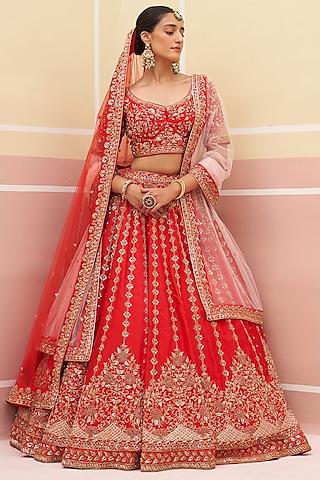 red raw silk zardosi embroidered lehenga set