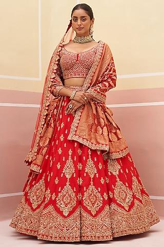 red raw silk zardosi embroidered lehenga set