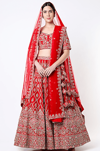 red raw silk zardosi embroidered lehenga set