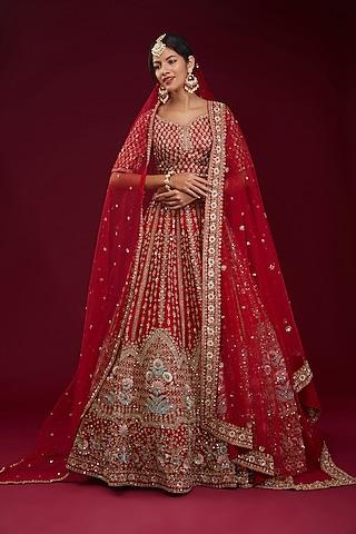 red raw silk zari embroidered lehenga set