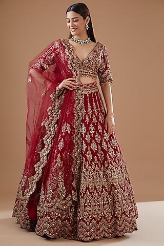 red raw silk zari embroidered lehenga set