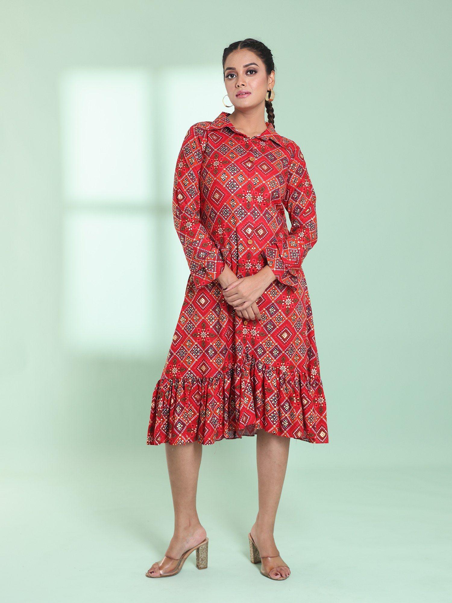 red rayon bandhani printed a-line stitched ethnic dress