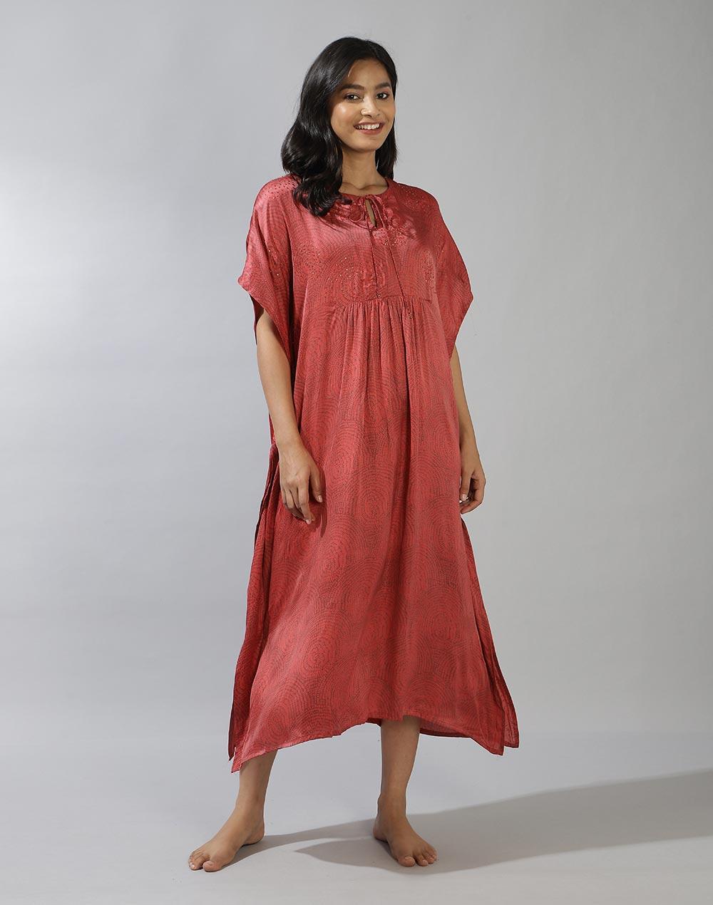 red rayon blend embroidered kaftan