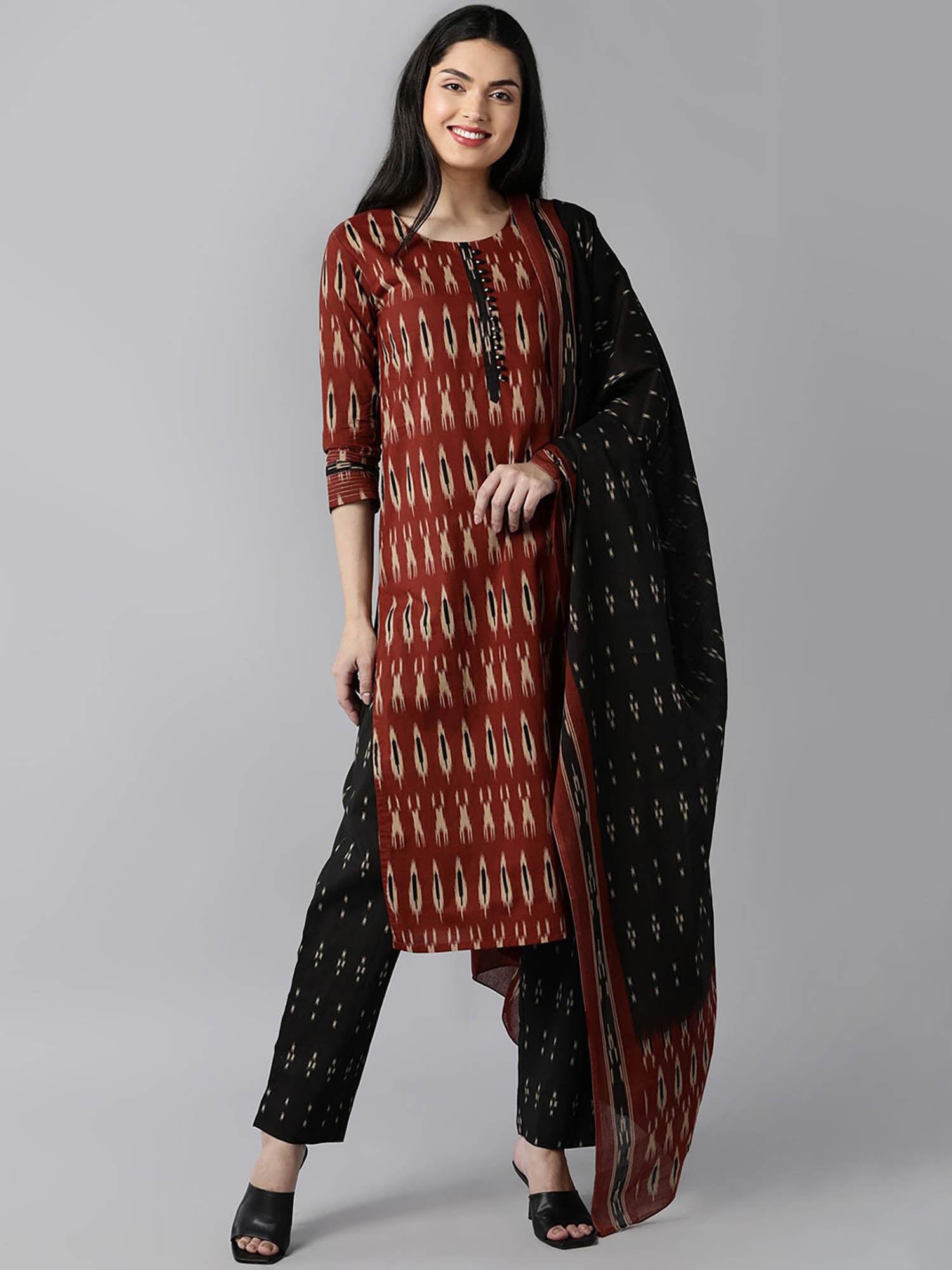 red rayon blend ethnic motifs printed straight kurta pants with dupatta (set of 3)