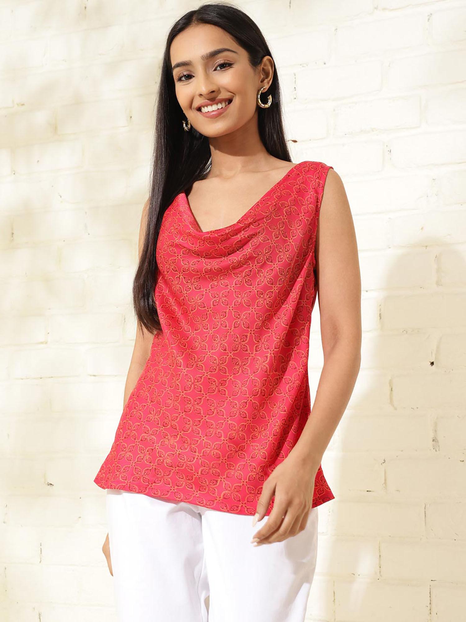 red rayon blend hand block printed top