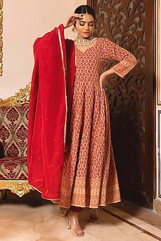 red rayon chikankari anarkali set