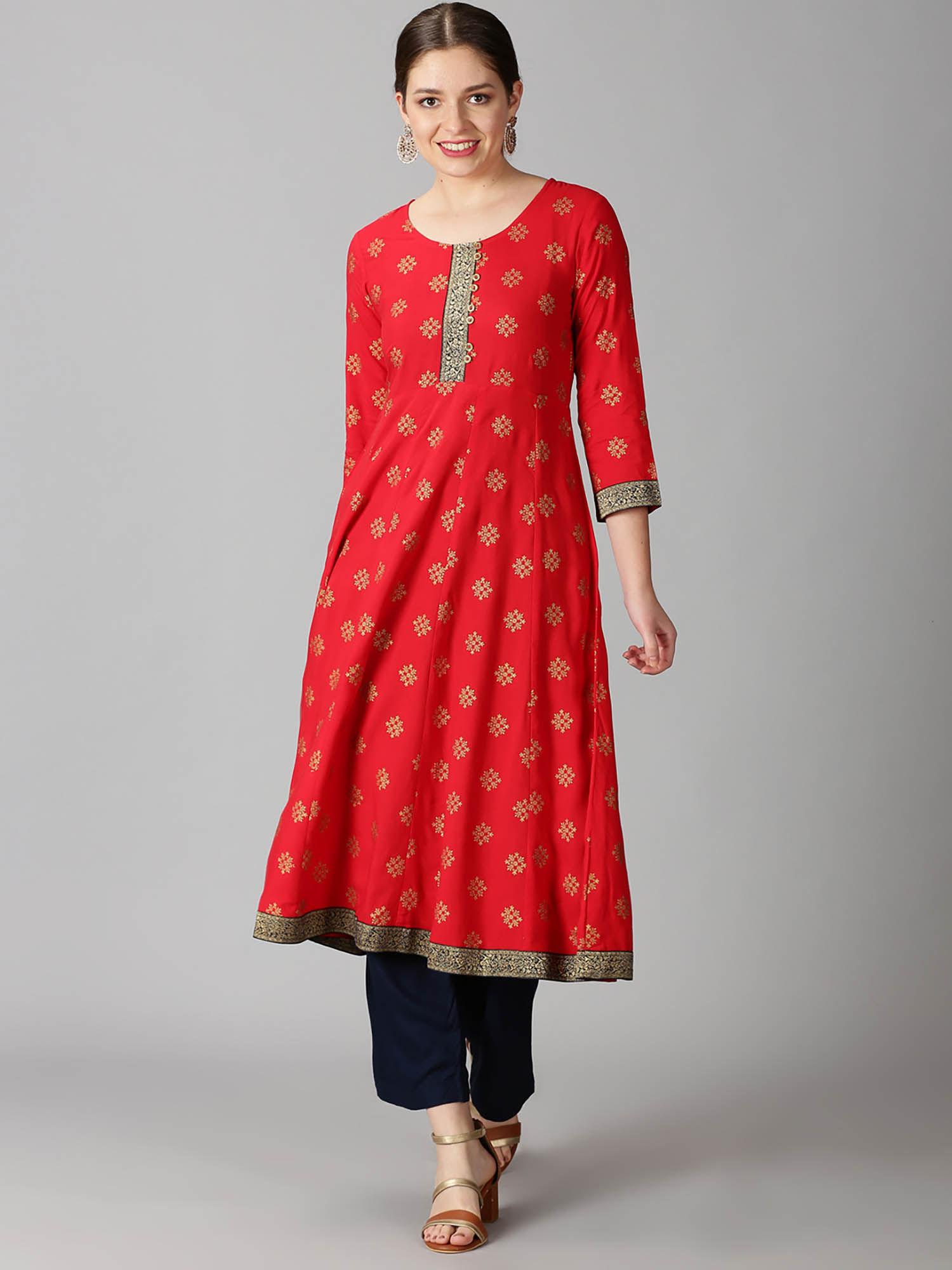 red rayon ethnic motifs gold printed kurta