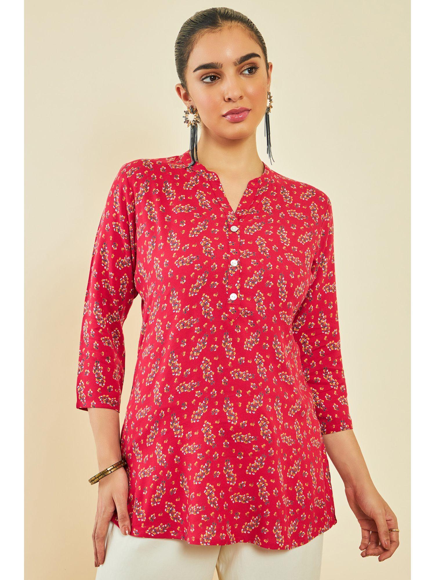 red rayon floral print tunic