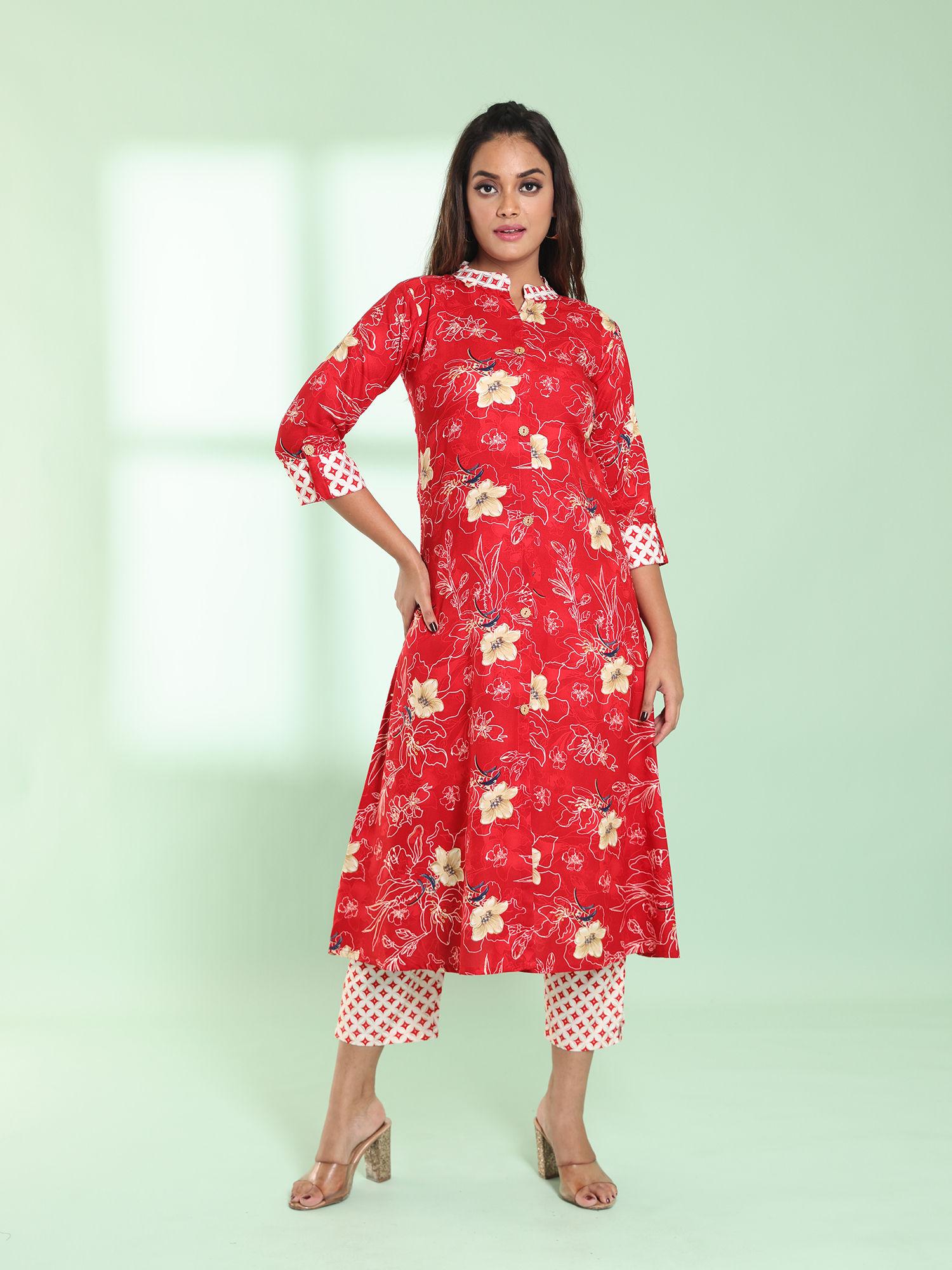 red rayon floral printed a-line kurta