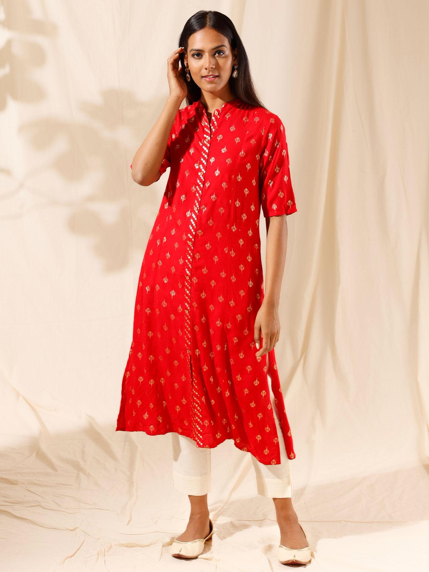 red rayon foil printed kurta likkur28