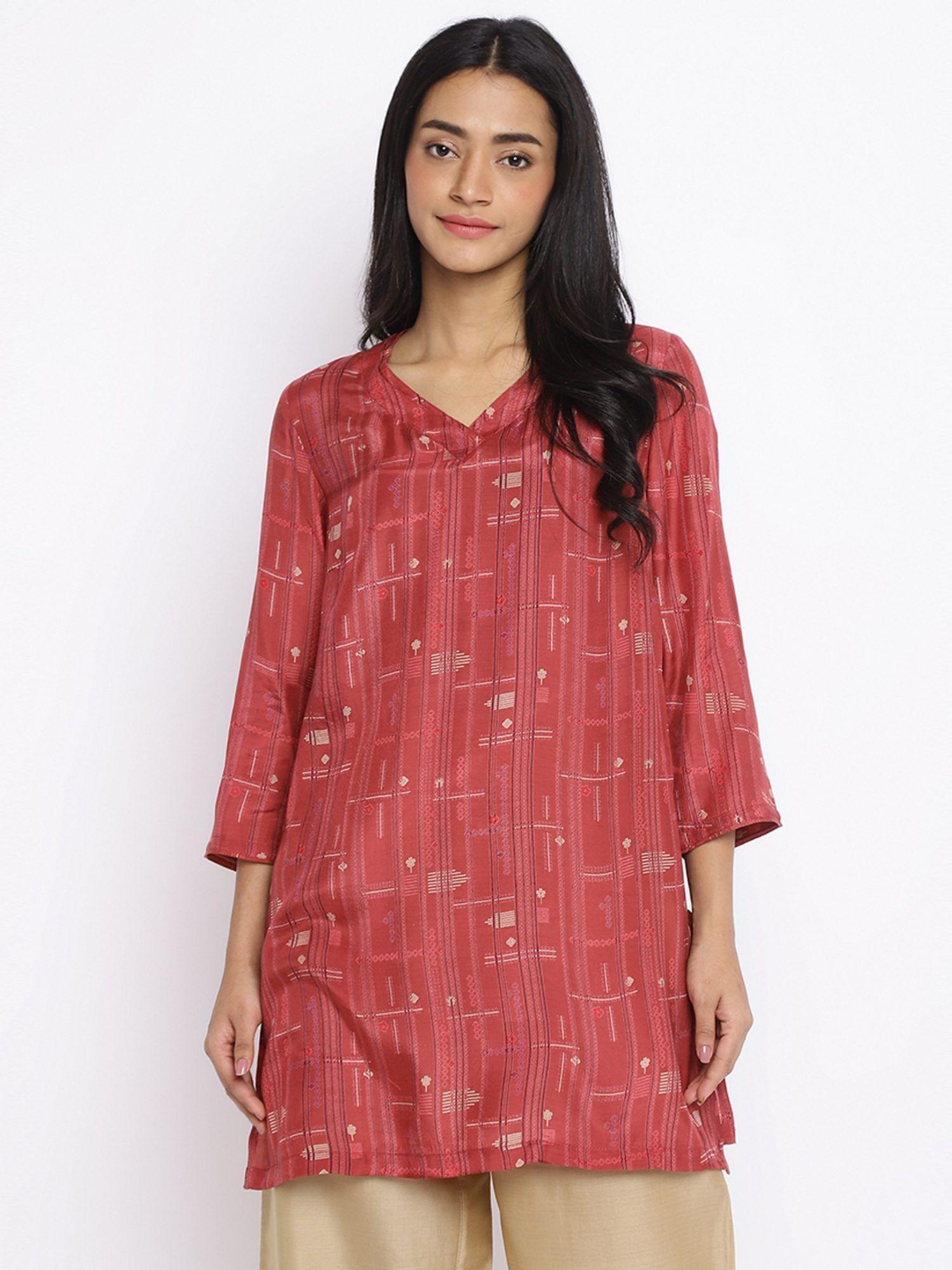 red rayon hand block printed slim fit short kurti