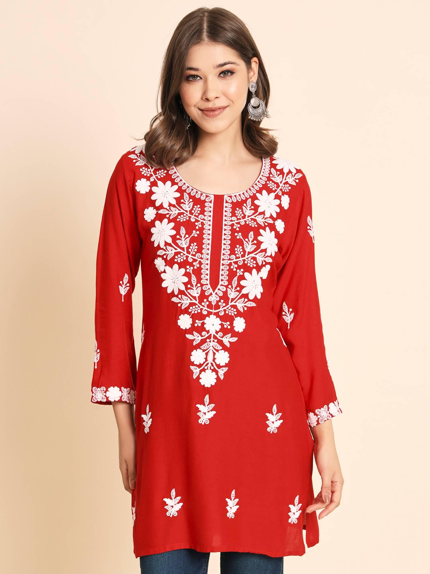 red rayon lucknowi chickankari work kurti