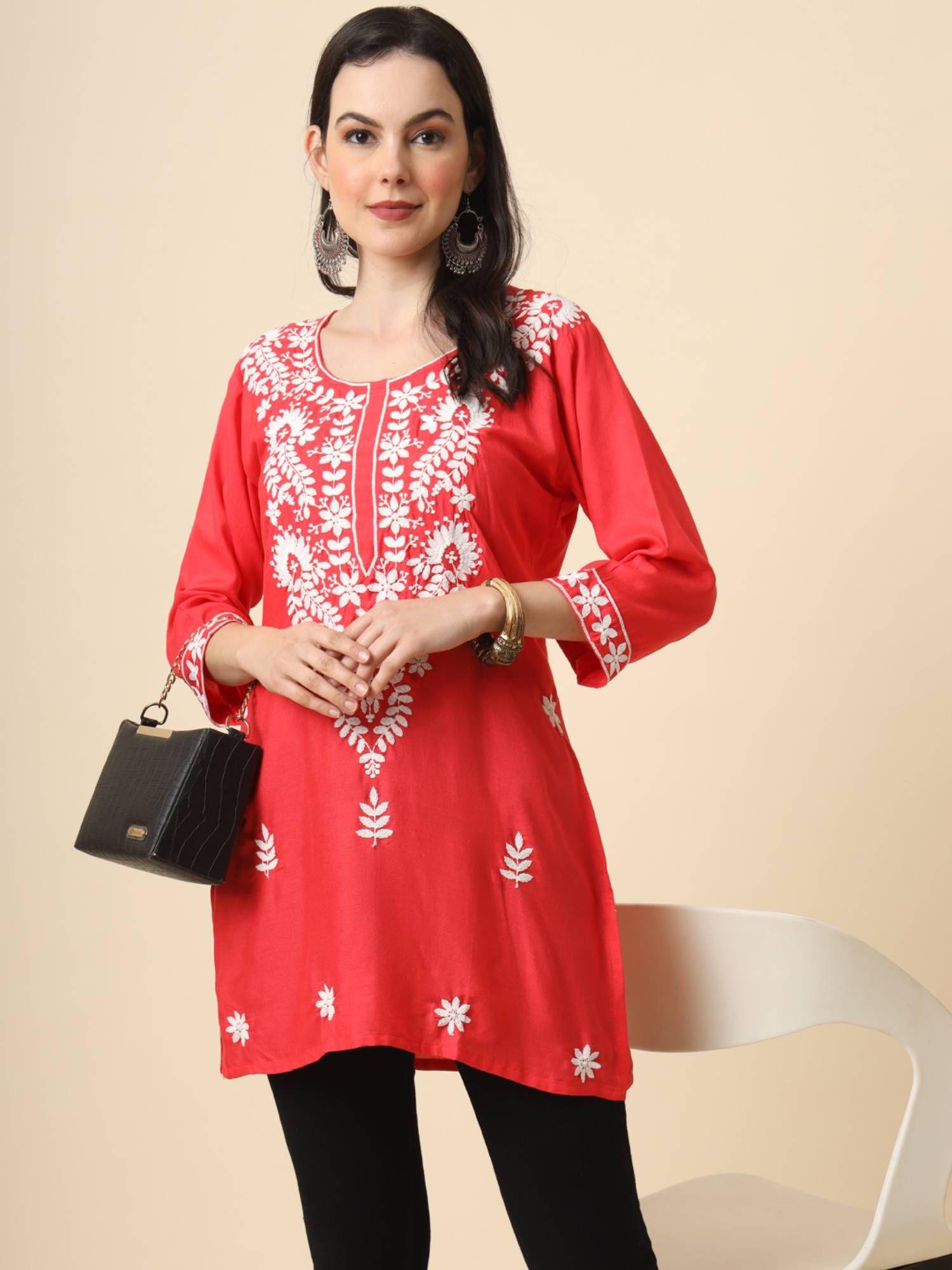 red rayon lucknowi chickankari work kurti