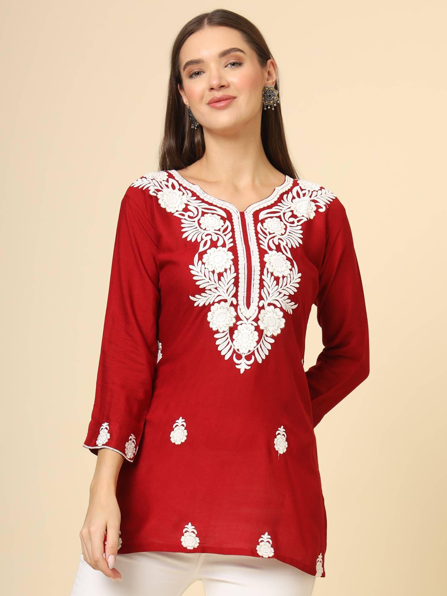 red rayon lucknowi chickankari work kurti