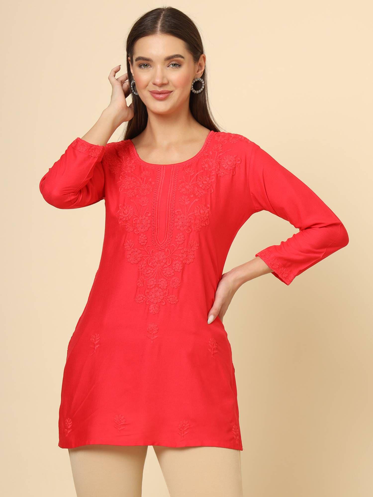 red rayon lucknowi chickankari work kurti