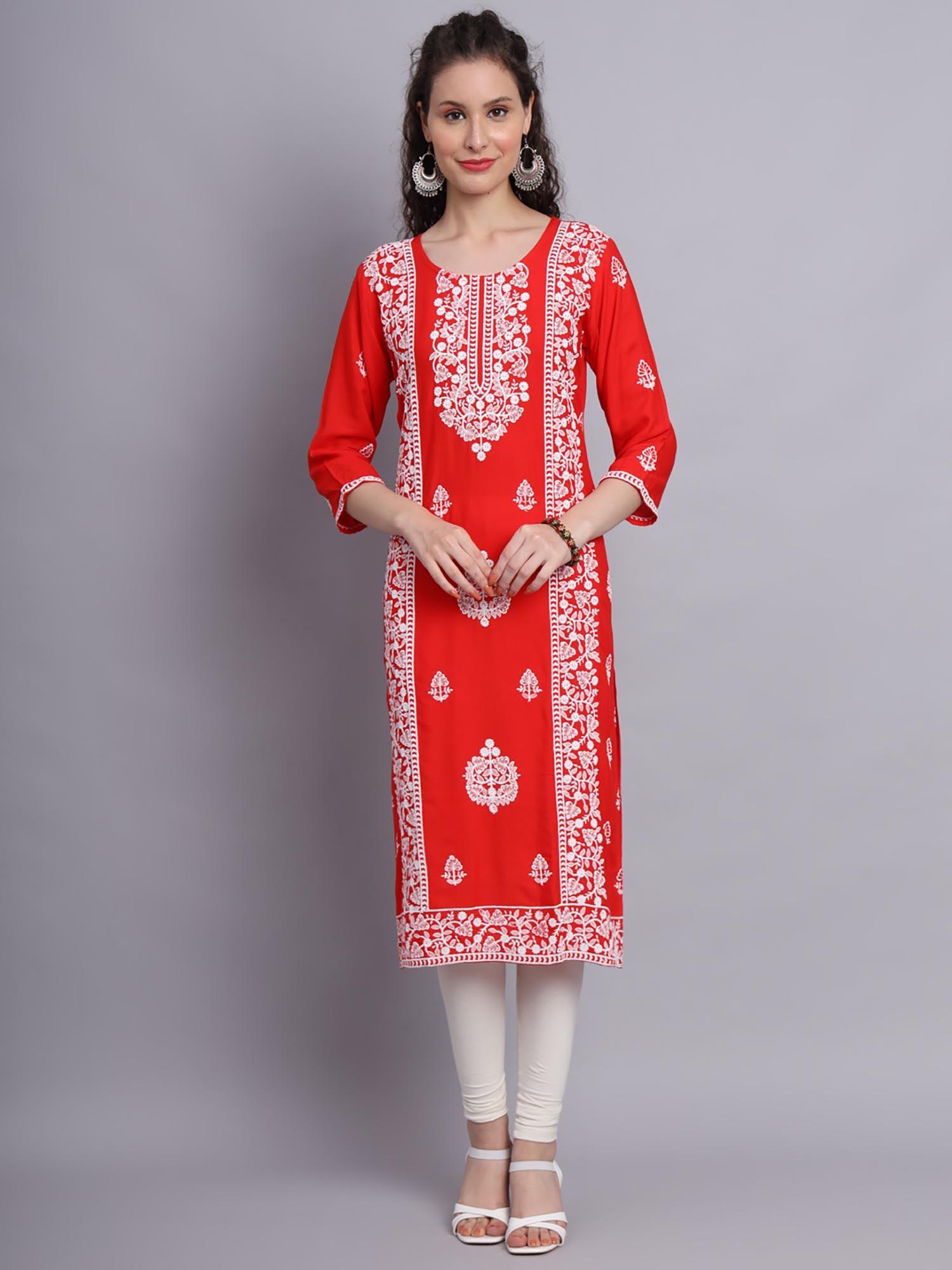 red rayon lucknowi chikankari work straigh kurta