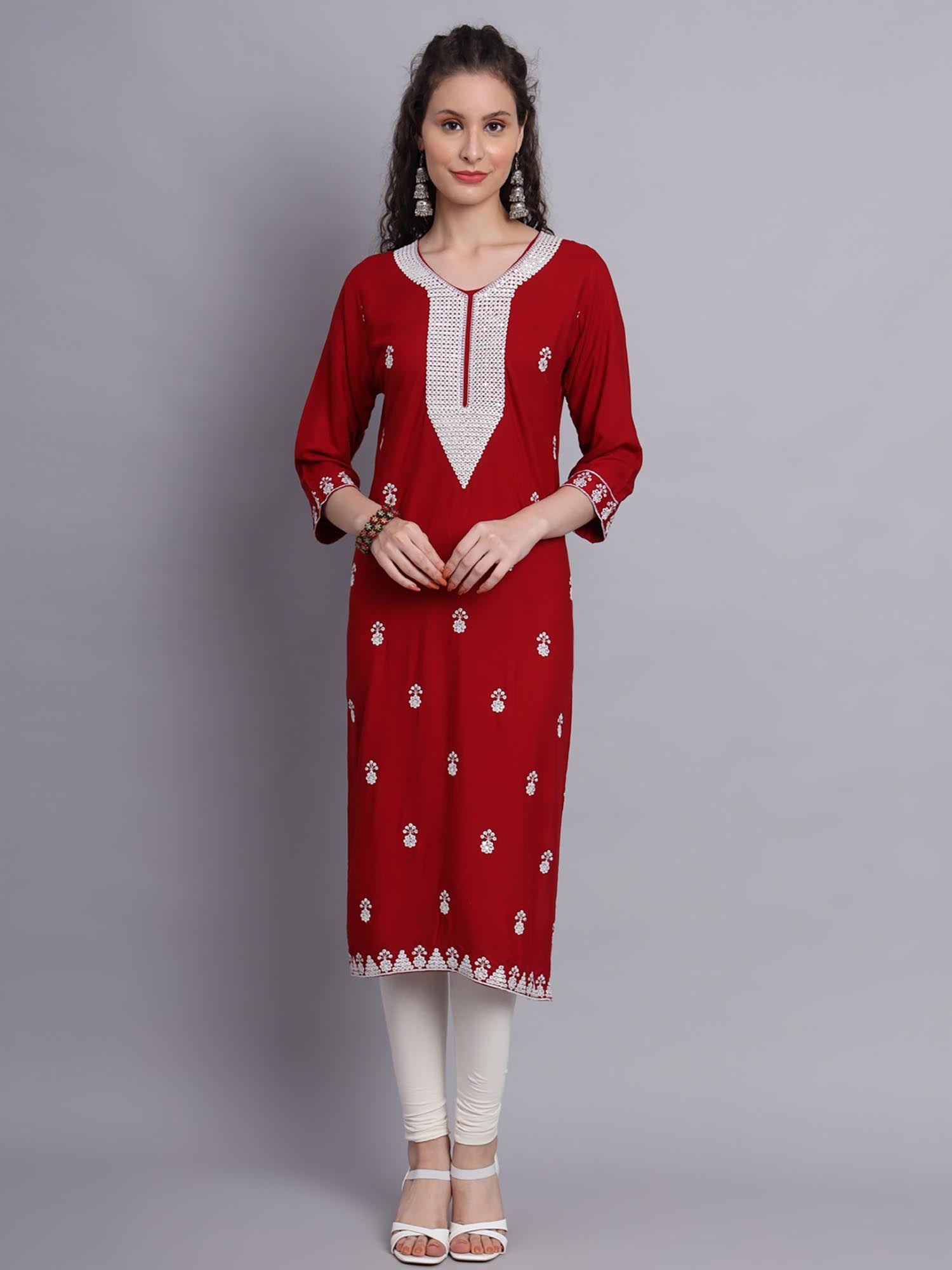 red rayon lucknowi chikankari work straigh kurta