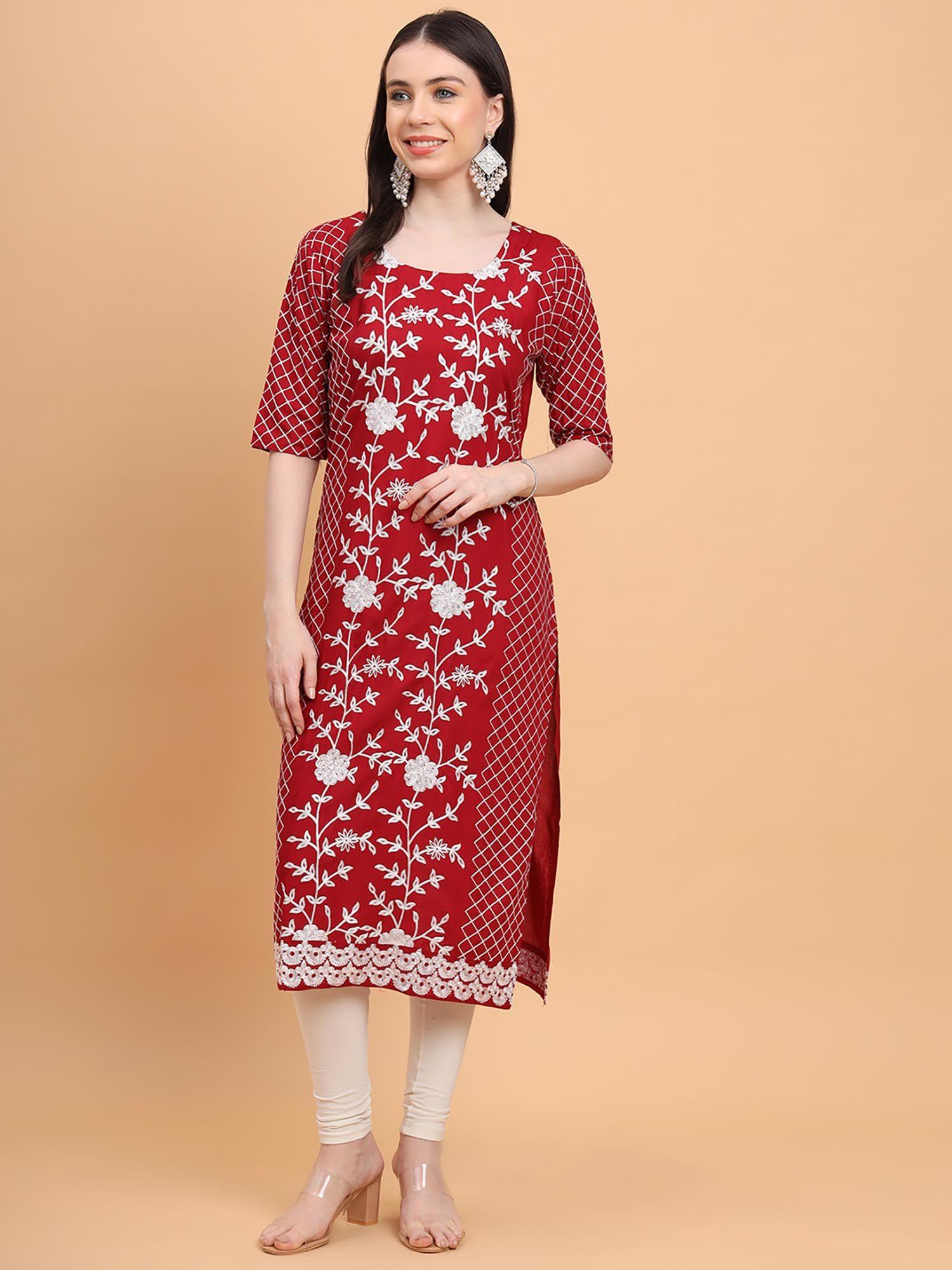 red rayon lucknowi chikankari work straight kurta