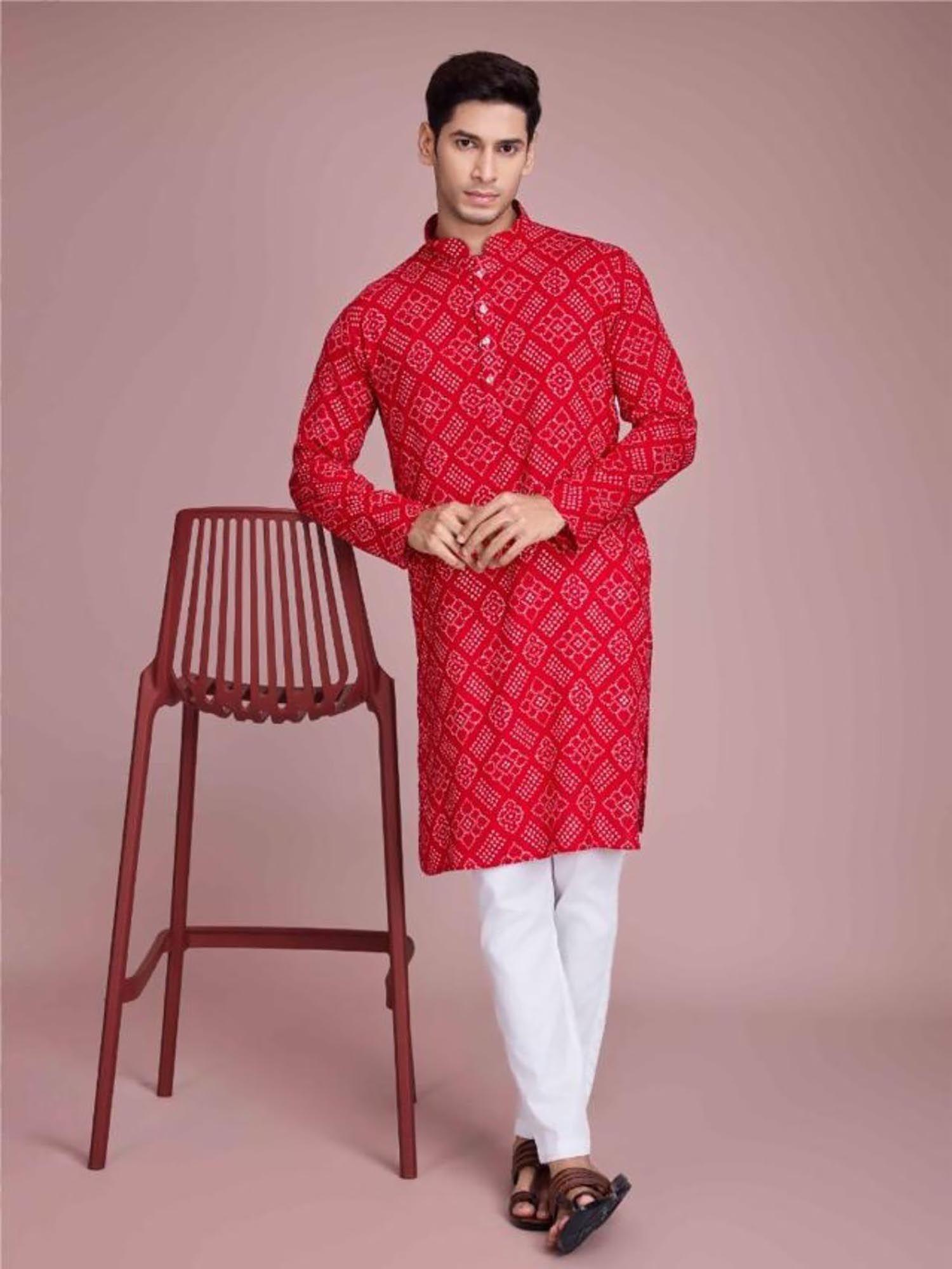 red rayon printed stitched kurta