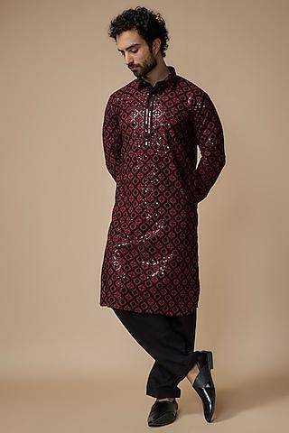 red rayon sequins embroidered pathani kurta set