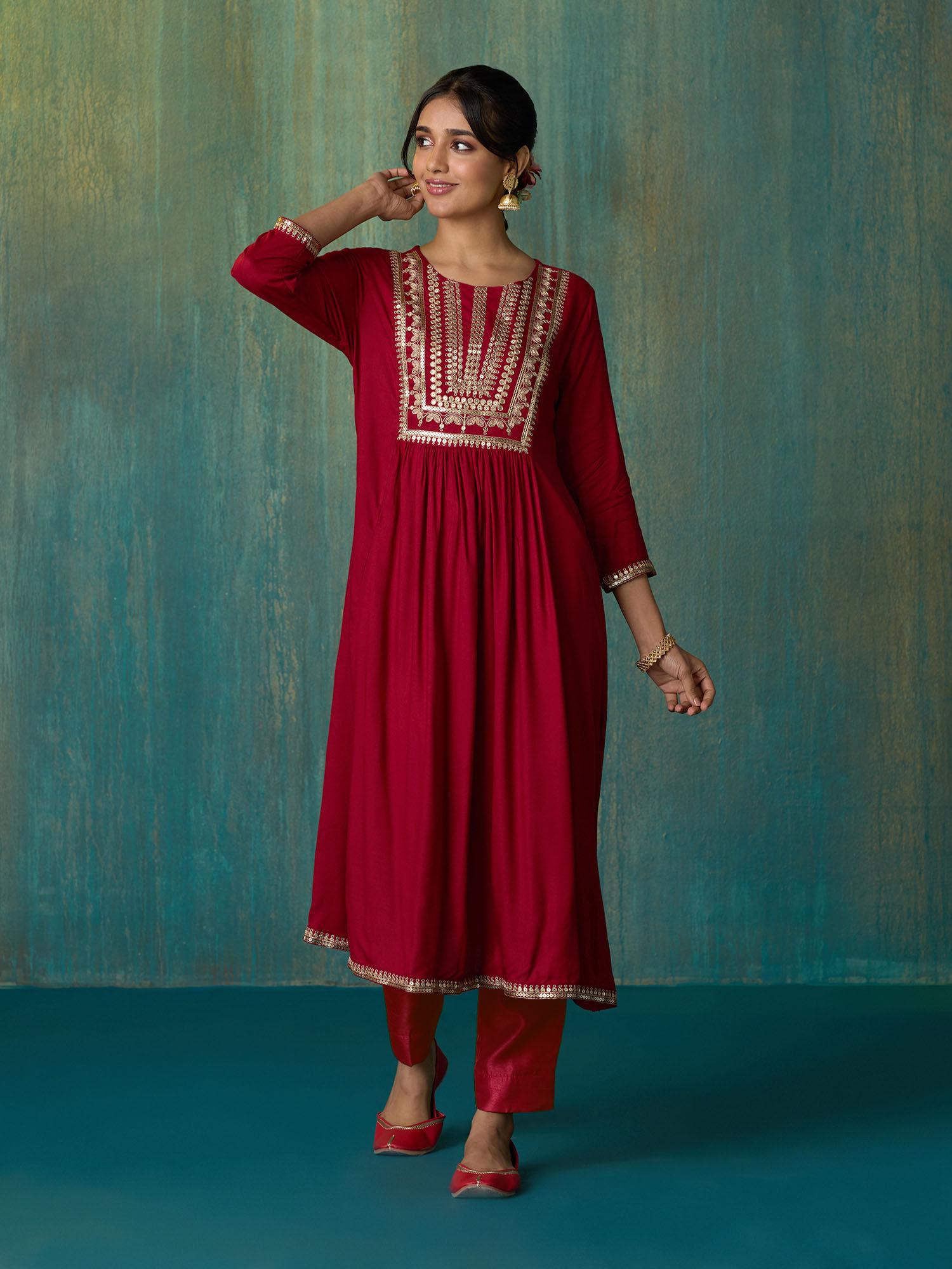 red rayon slub dori embroiderd kurta likkur196