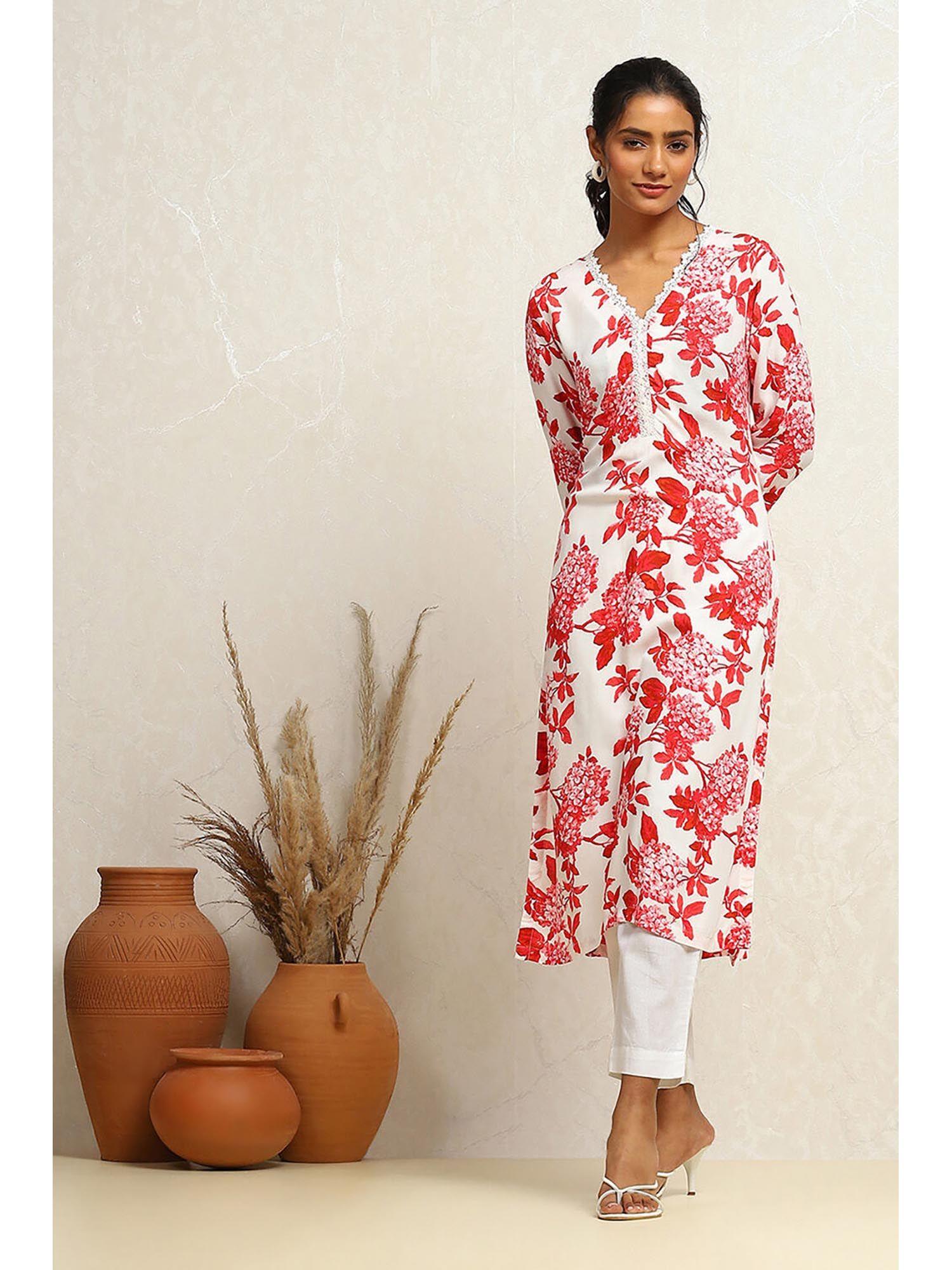 red rayon straight floral kurta