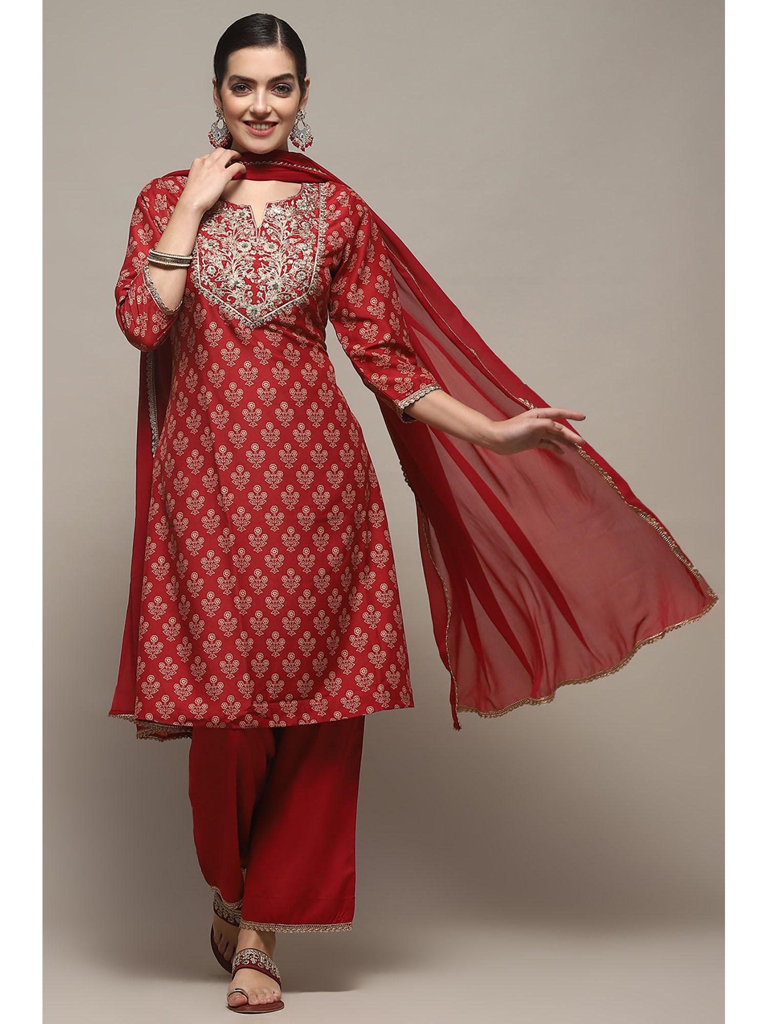 red rayon straight kurta and palazzo with dupatta (set of 3)