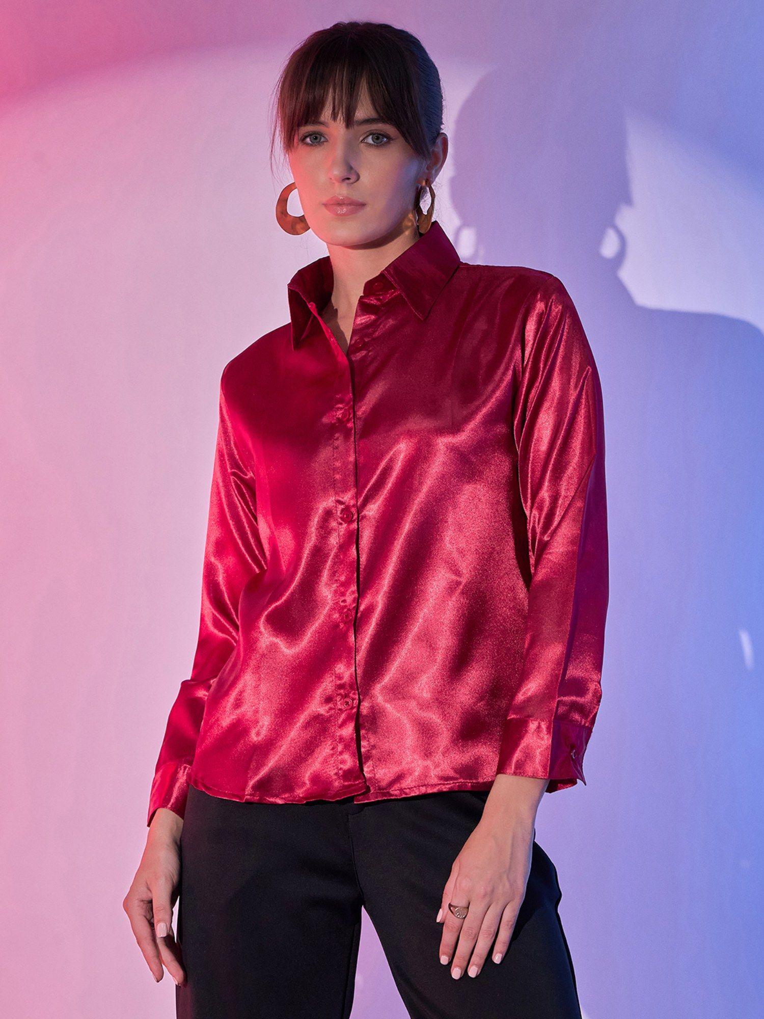 red regular fit women's lustrous full sleeve satin shirts