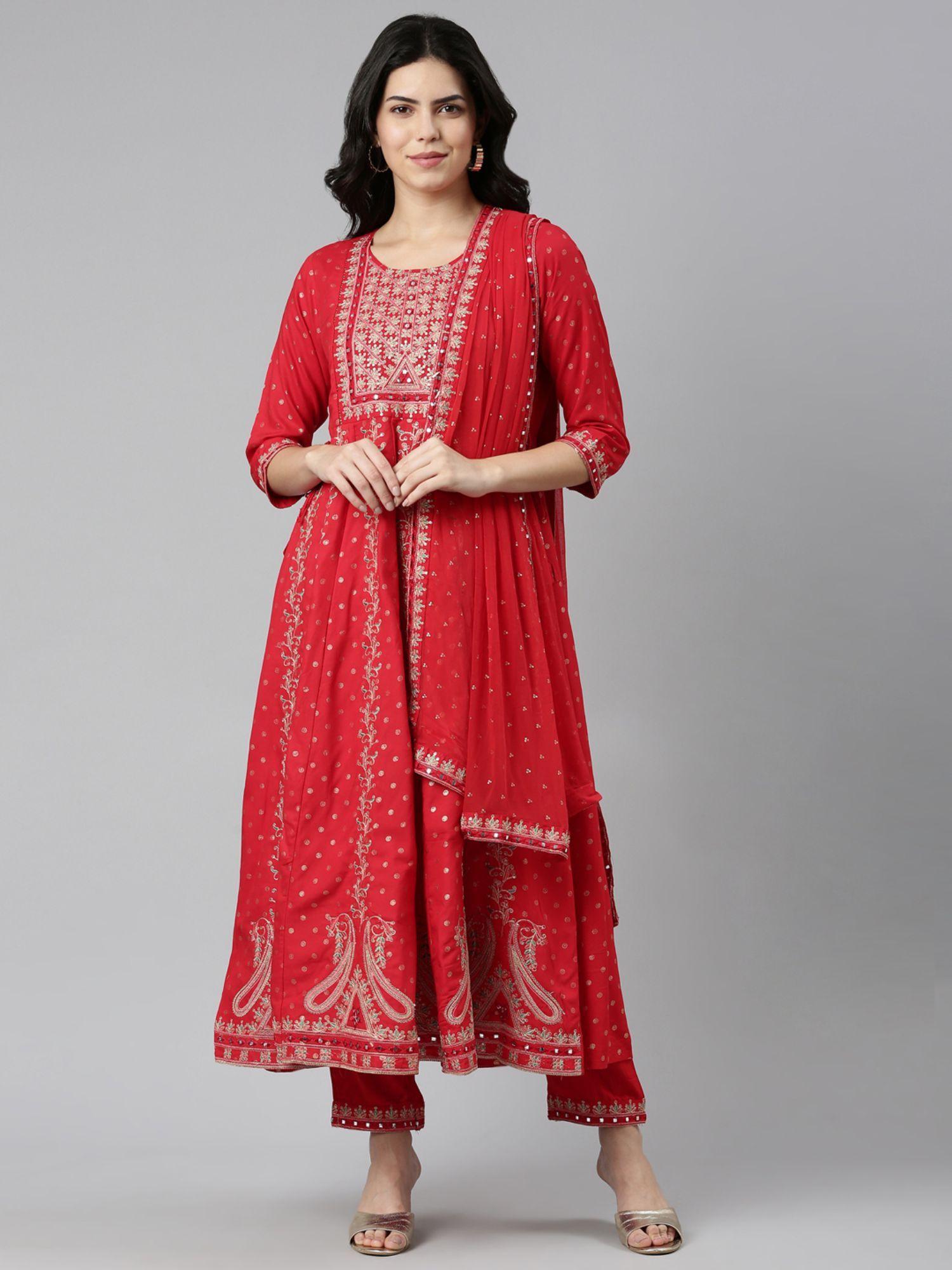 red regular straight embroidered anarkali kurta with pant and dupatta (set of 3)