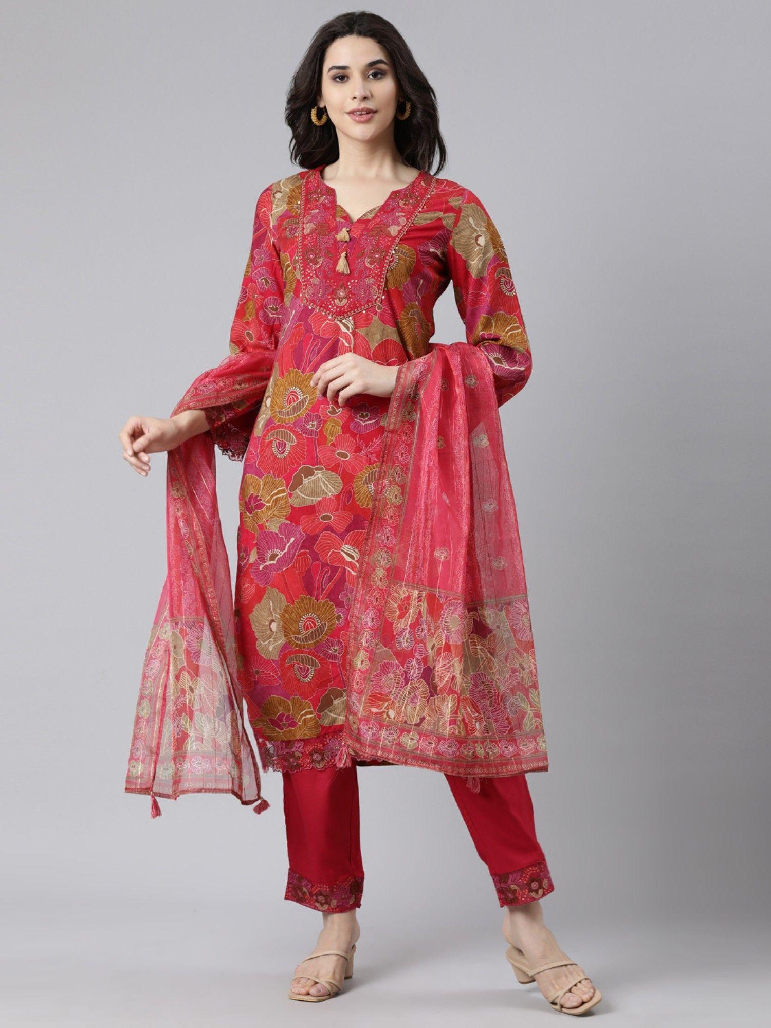 red regular straight floral kurta and trousers with dupatta (set of 3)